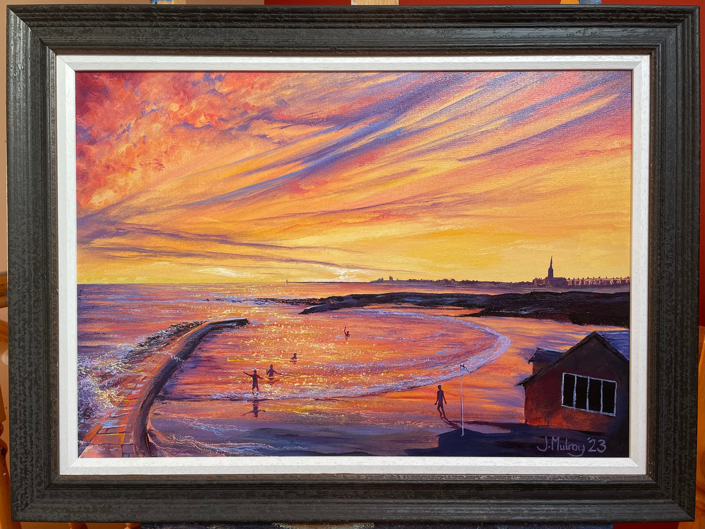 The Sea Swimmers II, Cullercoats - Framed Original Acrylic on Canvas