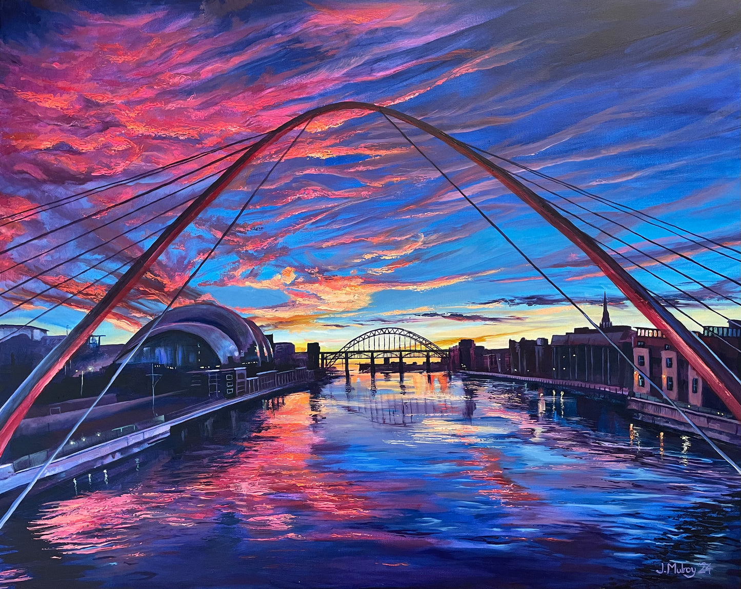 ‘Quayside Sunset’ - River Tyne; Original Acrylic on Canvas - Framed.