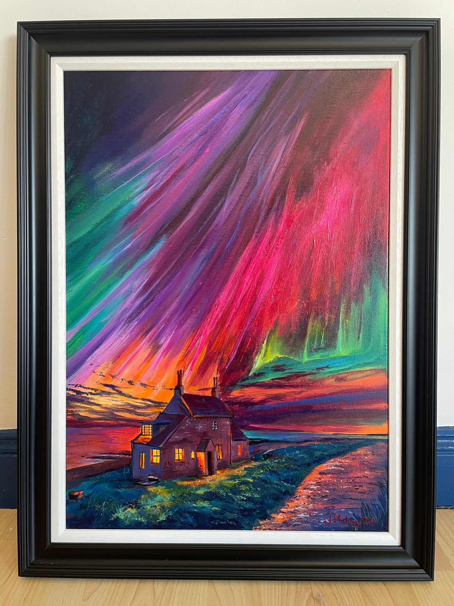 ‘Howick bathing house under the Aurora’ - Framed Original Acrylic on Canvas
