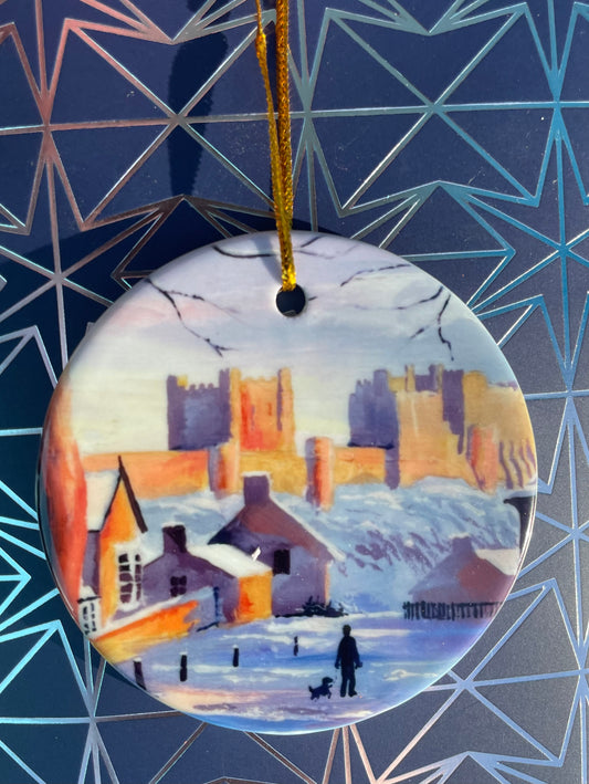 Snow at Bamburgh - Ceramic hanging decoration