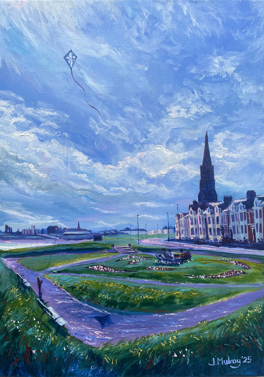 ‘Kite Flying down Cullercoats’ Original Acrylic on Canvas - Framed.