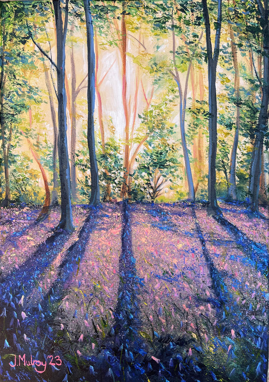 The Bluebells of Hollywell Dene - Framed Original, Acrylic on Canvas