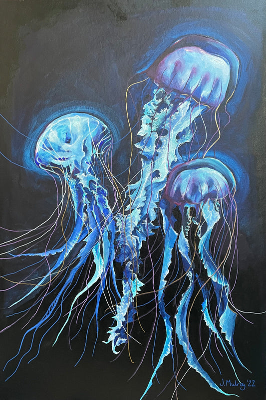 Three Dancing Jelly Fish - Deep Blue Series - Canvas Print